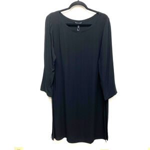 Eileen Fisher Black Boat Neck Silk Long Sleeve Georgette Crepe Dress L $318